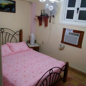 a bedroom with a pink bed and a fan at Patricia y Jesus in Havana