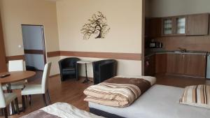 a room with a bed and a table and a kitchen at Penzion 324 in Štoky