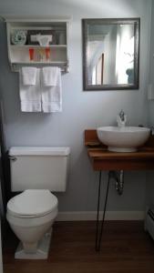 a white toilet sitting next to a sink in a bathroom at The Harwood Hill in Bennington