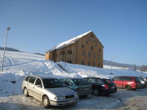 un grupo de coches estacionados en un aparcamiento cubierto de nieve en Apartmán u Kamila en Dolní Morava