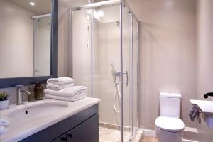 W łazience znajduje się prysznic, umywalka i toaleta. w obiekcie Apollon Library Suites w mieście Nafpaktos