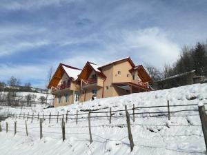 a house on a snow covered hill with a fence at Casa cu Muscate in Cîmpeni