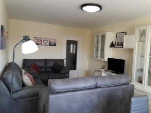 een woonkamer met een leren bank en een televisie bij ANDALUCIA 57 in Estepona