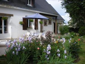 Chez Annick في غيراند: حديقة فيها ورد ومظلة امام المنزل