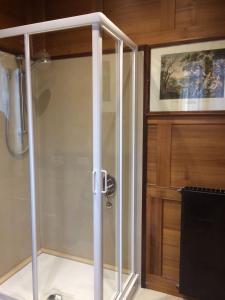 a shower with a glass door in a bathroom at Appartamento La Torre in Lenno