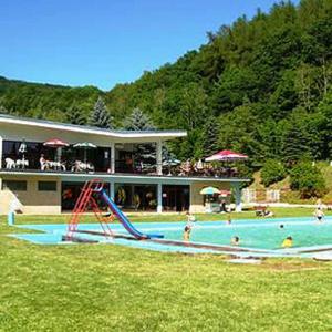 a pool with a slide and people in the water at Letni byt in Povrly