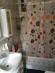 y baño con cortina de ducha y lavamanos. en Appartamento in Riviera Ligure, en Borghetto Santo Spirito