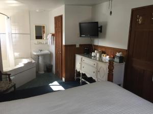 ein Schlafzimmer mit einem Bett, einem Waschbecken und einem TV in der Unterkunft Catalina Island Seacrest Inn in Avalon