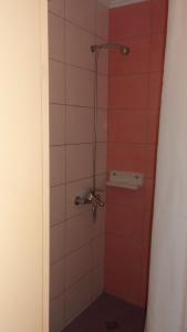 a bathroom with a shower with red tiles at Villa Giorgos in Kefalos
