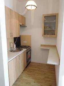 a small kitchen with a sink and a stove at Apartament DERUBEIS in Wieliczka