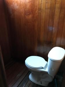 een badkamer met een toilet en houten wanden bij Cabaña EL CAPRICHO in Pátzcuaro