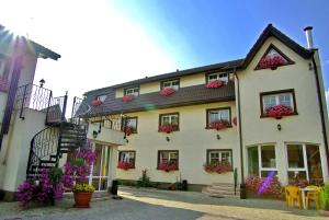 a building with flower boxes on the side of it at Pensiunea Luiza in Braşov