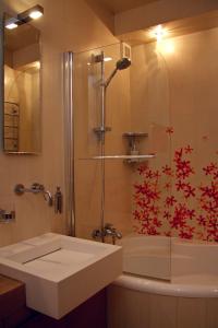 een badkamer met een douche, een wastafel en een bad bij Luxury apartment in the heart of the capital in Kiev