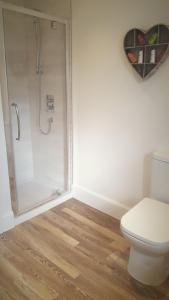 a bathroom with a shower and a toilet at Olavat Cottage detached property with parking in Inverness