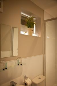 a bathroom with a toilet and a sink and a mirror at Rowton Poplars Hotel in Chester