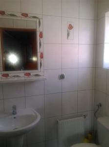 a bathroom with a sink and a toilet and a mirror at Pokoje u Jolanty in Władysławowo +34 photos