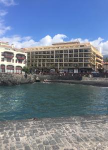 un grande edificio accanto a un corpo idrico di El Palacete del Puerto a Puerto de la Cruz