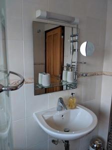 a bathroom with a sink and a mirror at Kings Lodge in Telford