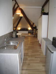 a kitchen with a sink and a wooden floor at Appartement et gîte Chez l'Habitant in Guebwiller