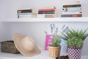 two plants in vases on a shelf with books at Casa 2Mariposas in Mijas