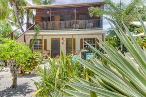 a house on the beach with palm trees at Amanda's Place Casa Amancer - sea view, pool and tropical garden in Caye Caulker