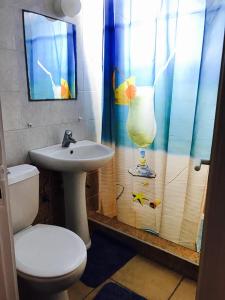 a bathroom with a toilet and a sink and a shower curtain at Seaside Apartments in Paphos City