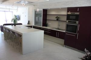 a kitchen with purple cabinets and a white counter top at Appartement 3 pièces Nice Promenade des anglais dernier étage vue mer solarium in Nice
