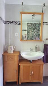 a bathroom with a sink and a mirror at Ferienhaus am Lübbesee in Milmersdorf