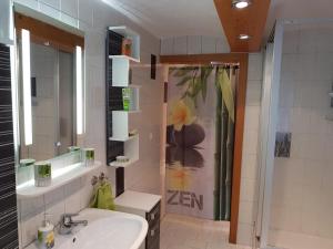 a bathroom with a sink and a shower at Ferienwohnung Dersch in Mauth +16 photos