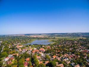 an aerial view of a town with a river at Kiss Villa in Balatonföldvár