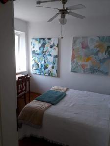 1 dormitorio con 1 cama y ventilador de techo en Punta Nana Mira, en Piran