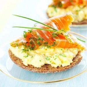 a sandwich with salmon and cheese on a plate at Greystones B&B in Oban