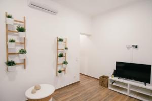 ein Wohnzimmer mit Fernseher und weißer Wand in der Unterkunft Casas de Mar - Concha in Olhão