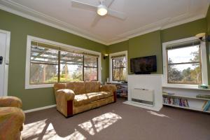 a living room with green walls and a couch and windows at Raspberry Terrace of Leura in Leura