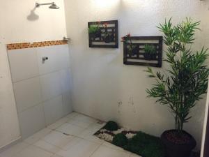 un baño con dos plantas y dos cuadros en la pared en Flat no La Piazzetta - Ap. 14 Térreo, en Pipa