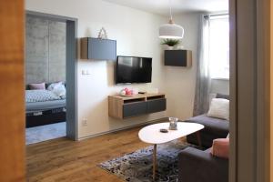 a living room with a couch and a tv at Apartmán Jestřáb č. 23 - u kabinky in Janske Lazne