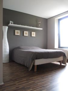 ein Schlafzimmer mit einem Bett und einem Regal an der Wand in der Unterkunft Chambre d'hôtes B&B in Moncel-sur-Seille
