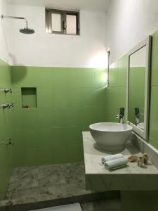 a green bathroom with a tub and a sink at Hotel Villa de Pescadores in Río Lagartos