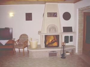 a fireplace in a living room with a fire place at Ferienhof Meyer Landhotel in Petershagen