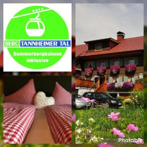 uma colagem de imagens com uma casa e flores em Chalet & Almhostel Alpenperle - Selbstversorger Unterkunft em Tannheim