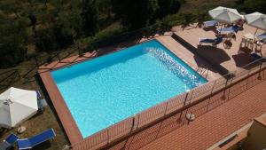 an overhead view of a swimming pool with chairs and umbrellas at La Casa dei Sogni in Monteverdi Marittimo