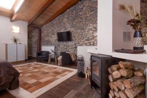 a living room with a fireplace and a stone wall at Estudio Sonido y Jacuzzi in Santander