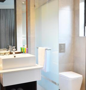 a bathroom with a sink and a toilet at Palm Swift Luxury Accommodation in Brits