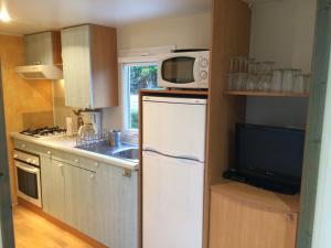 a small kitchen with a white refrigerator and a microwave at Mobile Home à Louannec in Louannec