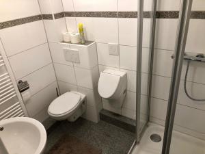 ein Bad mit einem WC, einem Waschbecken und einer Dusche in der Unterkunft Gästehaus Buonanotte 2 in Bremen