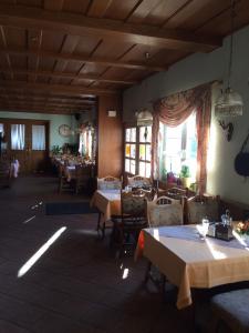 a dining room with tables and chairs and windows at Hotel-Pension Am Mühlberg in Lübbenau