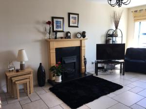 a living room with a fireplace and a tv at B2 Waterfoot Apartment in Newcastle