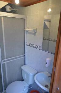 een badkamer met een wit toilet en een wastafel bij Casa Vieja Posada in Pesca