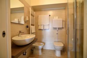 ein Bad mit einem Waschbecken, einem WC und einer Dusche in der Unterkunft Hotel Eden Salò in Salò