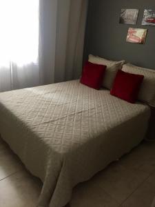 een bed met twee rode kussens erop bij Apartamento Cantinho da Serra in Nova Friburgo